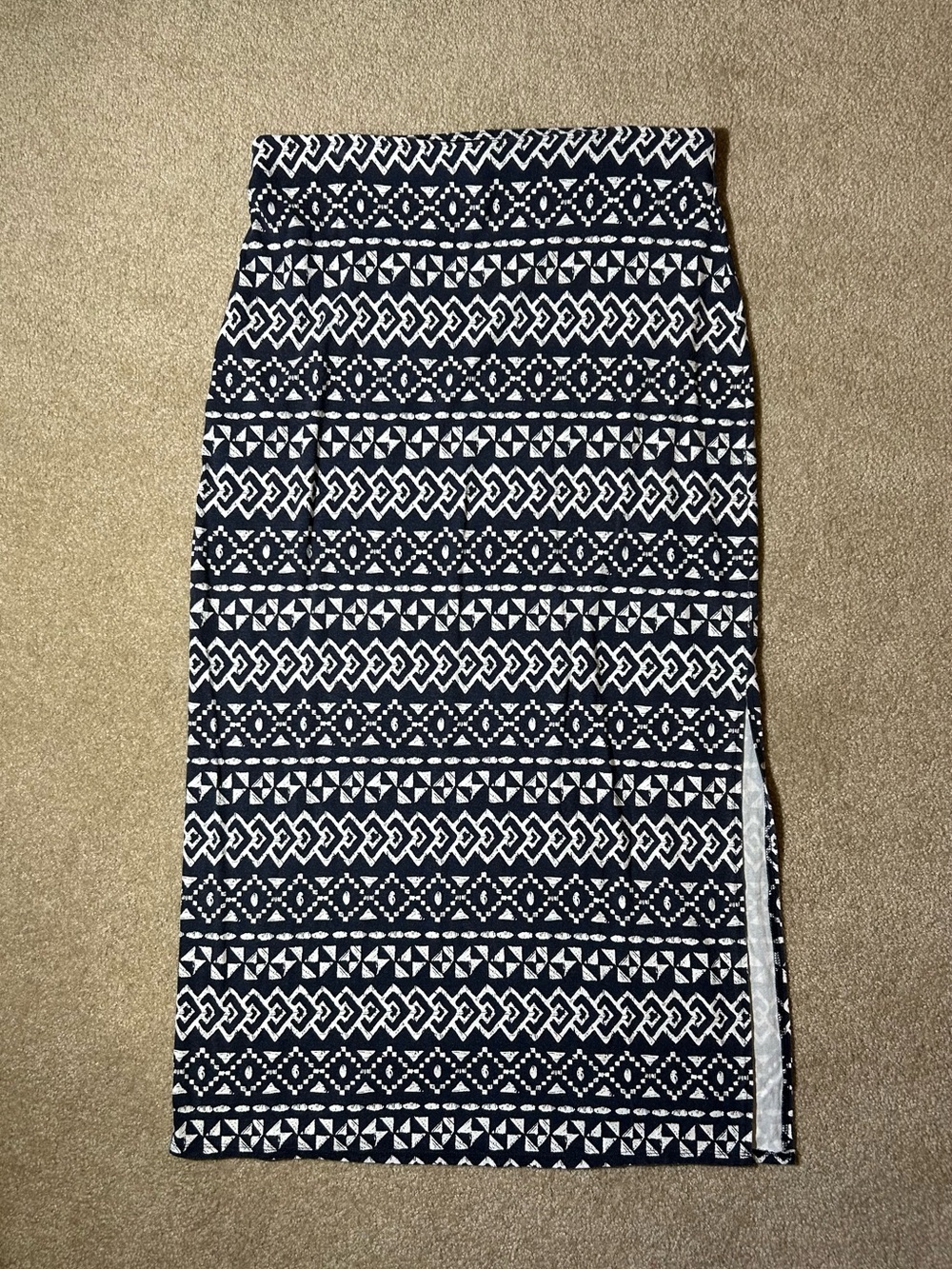 Ann Taylor LOFT Navy and White Geormetric Maxi Pencil Skirt Slit Womens L